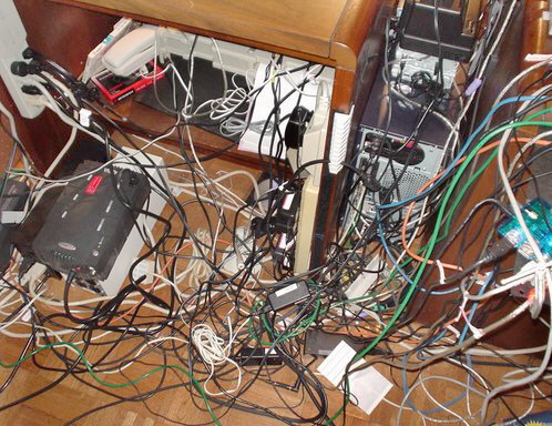 Typical office computer cable mess